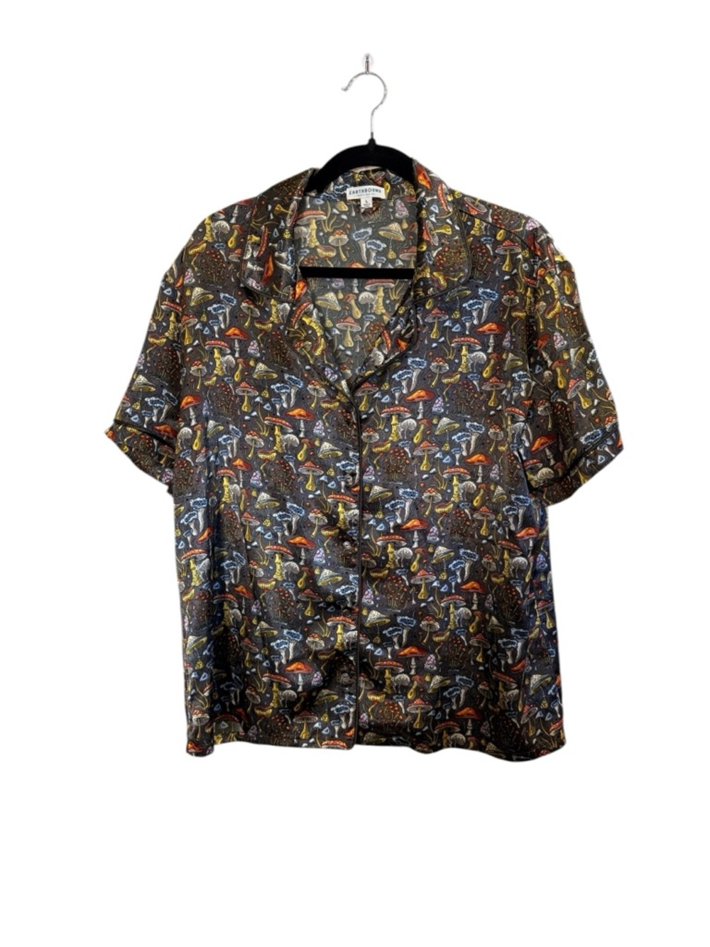 EARTHBOUND Men's Campy Mushroom Print Short Sleeve Button-Down Shirt sz L